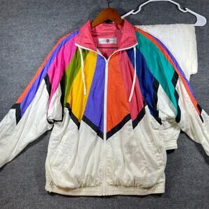 VTG Milano Sport Track Suit Women's Large White/Multicolor Full Zip 80's Stretch